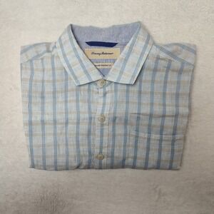 Tommy Bahama Shirt Mens Large Blue Plaid Island Modern Button Up Cotton Linen